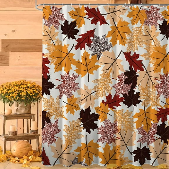 Fall Maple Leaves Shower Curtain, Farmhouse Autumn Leaf Thanksgiving Bathroom Decor, Waterproof Washable Cloth Fabric Fall Bathroom Shower Curtain Sets with 12 Hooks 72x72 Inches