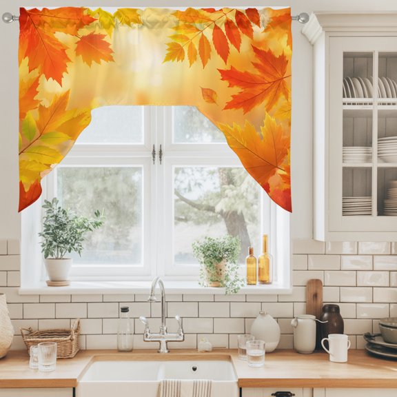 Fall Maple Leaves Swag Curtain Valance for Windows, Orange Red Autumn Sunshine Natural Scenery Swag Curtains Drapes Rod Pocket for Kitchen Bathroom Small Window, 1 Panel 56x36in