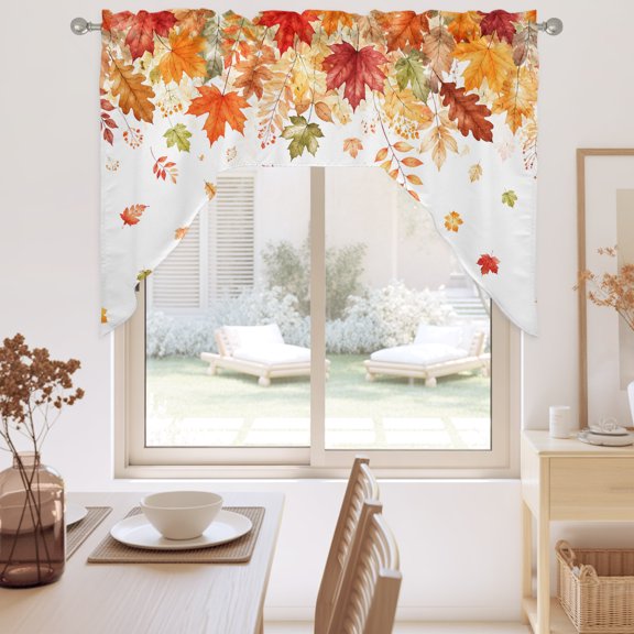 Fall Maple Leaves Swag Valance for Windows, Country Pastoral Red Orange Green Brown Leaf Swag Curtains Valances for Small Window Treatment Rod Pocket for Kitchen Bathroom 1 Panel 56x36in