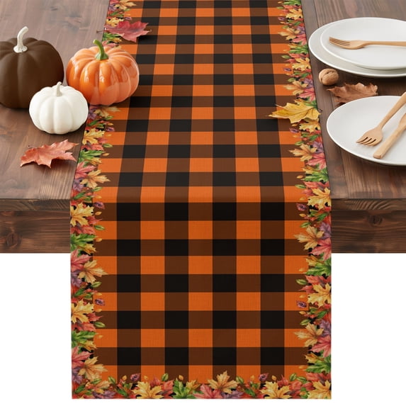 Fall Maple Leaves Table Runner - 60 Inch Long Thanksgiving Burnt Orange Plaid Cotton and Linen Blended Dress Scarves Farmhouse Table Runner for Kitchen Dining, Coffee Table, 13" x 60"