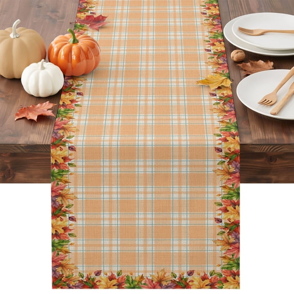 Fall Maple Leaves Table Runner - 70 Inch Long Thanksgiving Orange Buffalo Plaid Cotton and Linen Blended Dress Scarves Farmhouse Table Runner for Kitchen Dining, Coffee Table, 13" x 70"