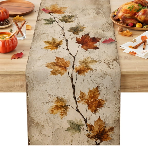 Fall Maple Leaves Table Runner, Vintage Rustic Branches Beige Aged Paper Texture Cotton Linen Kitchen Table Decoration Washable Dining Tabletop Runners for Home Party Decor 13x72 Inches