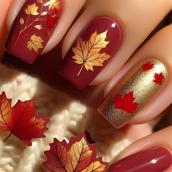 Fall Maple Leaves Thanksgiving Press on Nails Short Square False Nails With Designs Full Covers on Nails