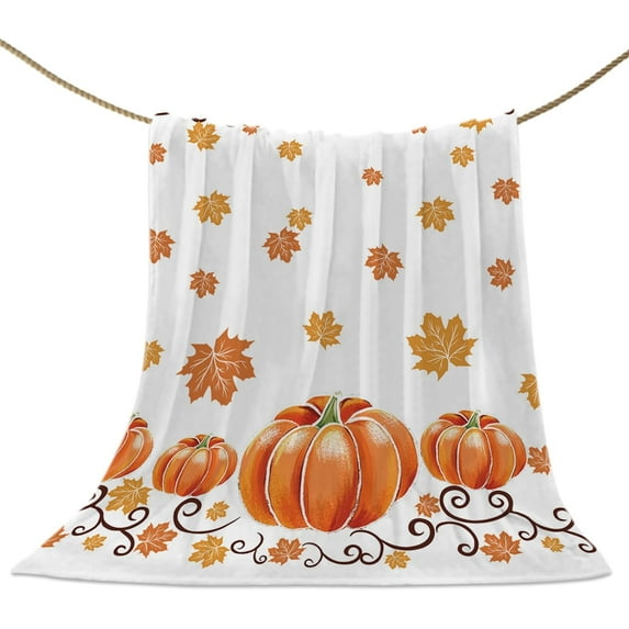 Fall Maple Leaves Throw Blankets, Thanksgiving Watercolor Pumpkins Soft Fleece Blanket Decorative for Home Sofa Couch Chair Living Bedroom,40x50 inches, Orange