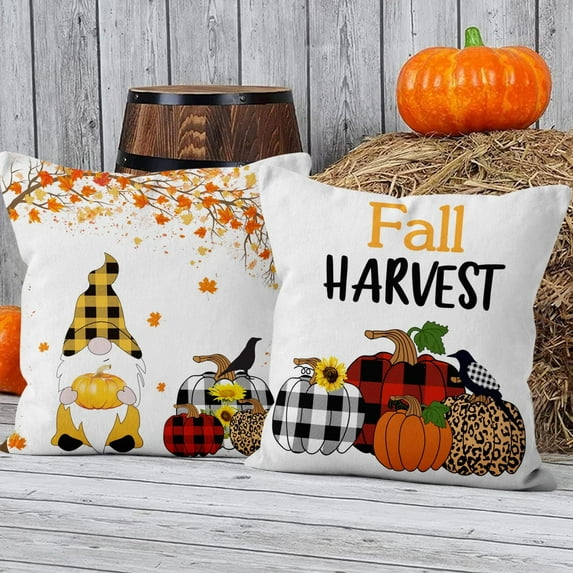 Fall Maple Leaves Throw Pillow Covers Set of 2 Farmhouse Cushion Couch Cover for Living Room Car, Plaid Pumpkin Gnome Pillowcase 20" x 20" Short Plush Cushion Cases Autumn Thanksgiving Decor
