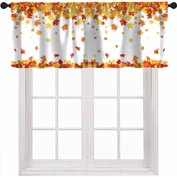 Fall Maple Leaves Valance Curtains, Autumn Plants Nature Scenery Watercolor Pattern Rod Pocket Window Curtain Valances for Kitchen Living Room Bedroom, 54x18 Inch