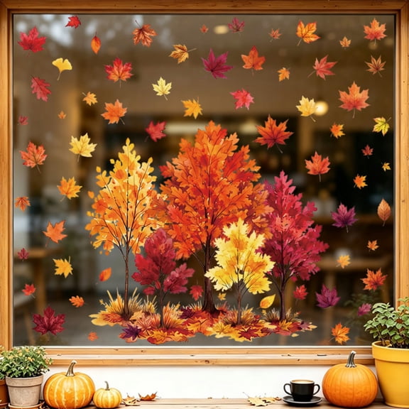 Fall Maple Leaves Window Clings | Thanksgiving Indoor Autumn Wall Decor for Home Party Holiday Decoration Set of 9