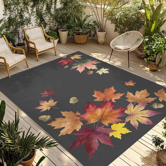 Fall Maple Outdoor Rug for Patio/Deck/Porch, Non-Slip Large Area Rug 6 x 9 Ft, Watercolor Autumn Orange Red Leaves Dark Grey Indoor Outdoor Rugs Washable Area Rugs, Camping Rug Carpet Runner