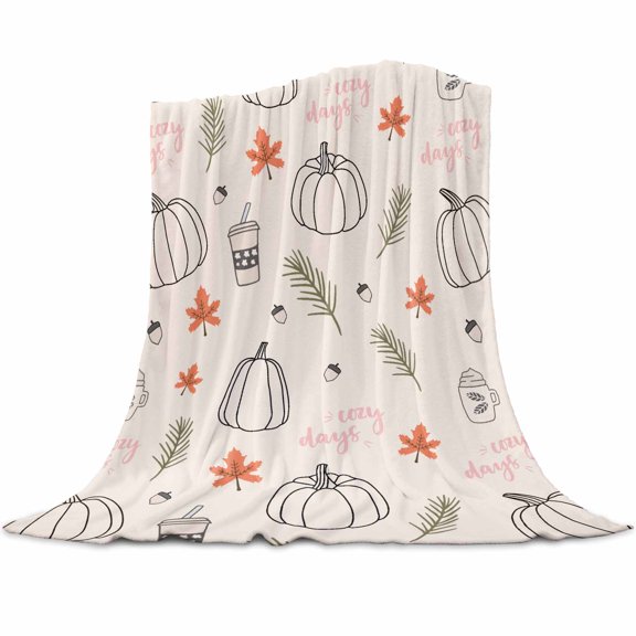 Fall Maple Pine Leaves Coffee Pumpkins Pattern Beige Background Flannel Blanket for Bed,Travel and Camping, Super Soft Cozy Blanket for All Seasons 50"x60"