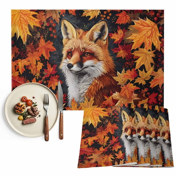 Fall Maple Placemats Set of 6 Leaf Fox Oil Painting Heat Insulated Linen Place Mats, Washable Stain-Proof Table Mats for Dining Tables Holiday Decor 13x19inch