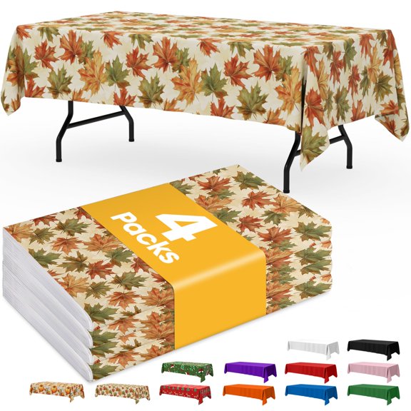 Fall Maple Plastic Table Cloth - 4 Pack 54" × 108" Rectangle Disposable Tablecloths for 6FT Tables, Table Cover for Party, Holiday & Gathering Use