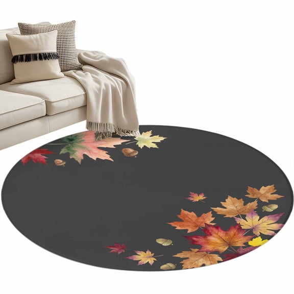 Fall Maple Round Rug 3ft Washable Circle Entryway Rugs Non Slip Watercolor Autumn Orange Red Leaves Dark Grey Area Rug Indoor Floor Carpet for Bedroom Kitchen Living Room Office Dining Room Nursery