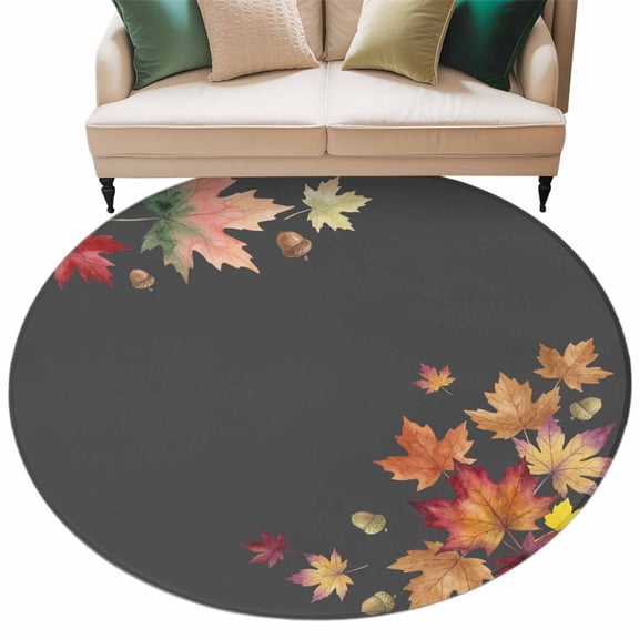 Fall Maple Round Rug 7ft Washable Circle Rugs Non Slip Watercolor Autumn Orange Red Leaves Dark Grey Large Area Rug Indoor Floor Carpet for Bedroom Kitchen Living Room Home Office Dining Room Nursery