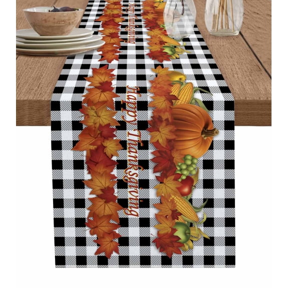 Fall Maple Table Runner 48 Inches, Pumpkins Thanksgiving Autumn Corn Farmhouse Plaid Bed Runner Dresser Scarves Tabletop for Indoor Outdoor Parties/Ceremony/Banquet, 13" x 48"