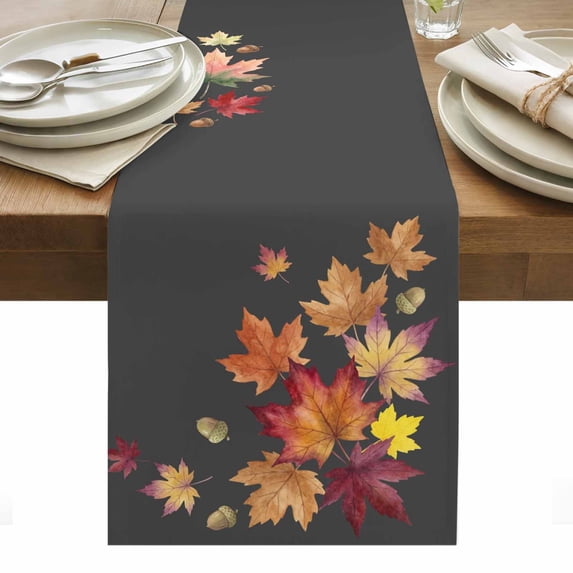 Fall Maple Table Runner Watercolor Autumn Orange Red Leaves Dark Grey ...