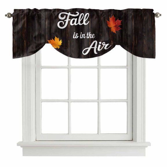 Fall Maple Tie Up Valance Curtains for Windows, Kitchen Curtains Window Treatments, Thanksgiving Leaves Farmhouse Brown Wood Plank Short Window Shades Valances for Bedroom Bathroom Cafe 42"x12"