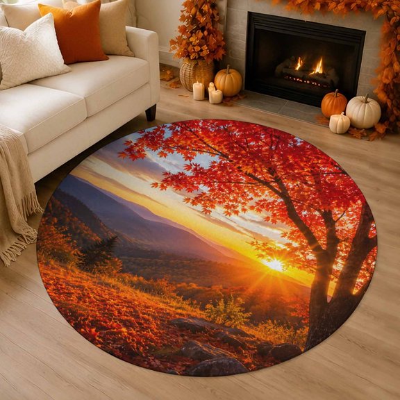 Fall Maple Tree 4' Round Rugs for Cozy Reading Nook Home Office Chair Area, Country Red Maple Leaf Mountain Sunset Landscape Washable Stain Proof Non Slip Circle Area Rug Home Soft Mats