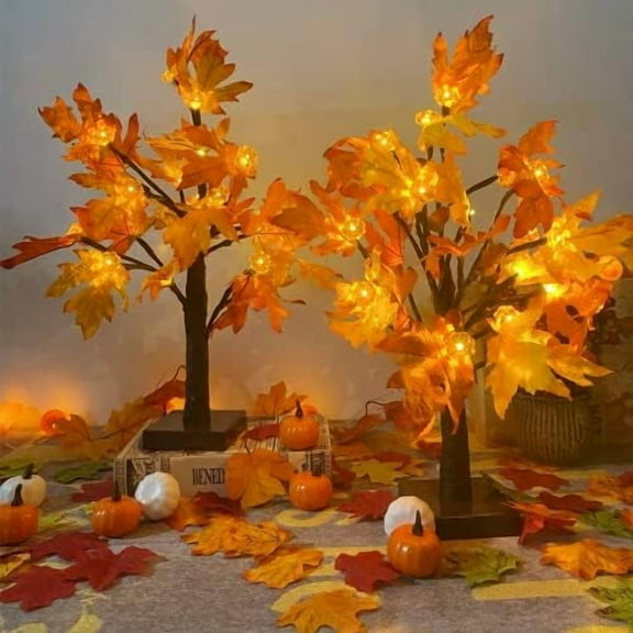 Fall Maple Tree with 48 LEDs Battery Operated Light Up Artificial Pumpkins Maple Acorn Tree for Fall Thanksgiving Table Harvest Home Indoor Decoration (3 Pack)