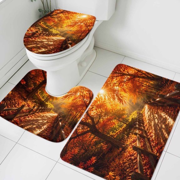 Fall Maple Tree Bathroom Rugs Set Country Red Maple Leaf Sunset Sunshine Landscape Non Slip Absorbent Soft Bath Mats 3 Piece Set with Bathroom Rug, U-Shaped Floor Mat, Toilet Seat Cover Large Size
