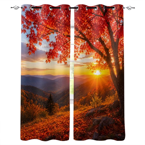 Fall Maple Tree Blackout Curtains for Bedroom Living Room, Country Red Maple Leaf Mountain Sunset Landscape 96 In Long Thermal Insulated Room Darkening Drapes Grommet Window Treatments, 52 x 96 In
