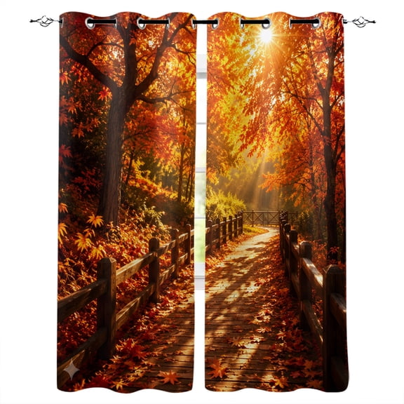 Fall Maple Tree Blackout Curtains for Bedroom Living Room, Country Red Maple Leaf Sunset Sunshine Landscape 39 In Long Thermal Insulated Room Darkening Drapes Grommet Window Treatments, 27.5 x 39 In