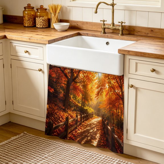 Fall Maple Tree Cabinet Curtain, Country Red Maple Leaf Sunset Sunshine Landscape Sink Skirt for Bathroom, Under Sink shelf Curtain Privacy Drape for Kitchen Laundry Room 35x35in