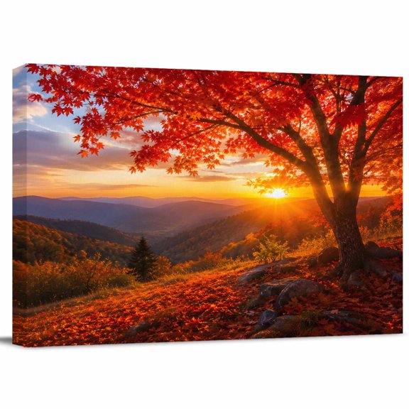 Fall Maple Tree Canvas Print Wall Art, Country Red Maple Leaf Mountain Sunset Landscape Wall Decor Modern Artwork Paintings Pictures for Living Room Stretched and Framed Ready to Hang - 16" x 20"