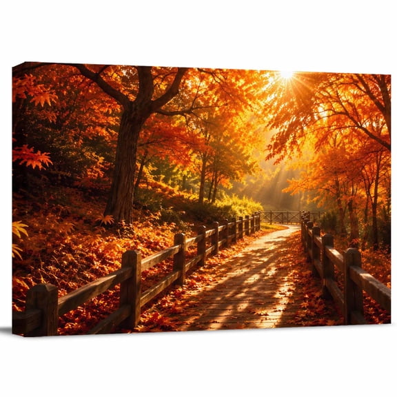 Fall Maple Tree Canvas Print Wall Art, Country Red Maple Leaf Sunset Sunshine Landscape Wall Decor Modern Artwork Paintings Pictures for Living Room Stretched and Framed Ready to Hang - 24" x 32"