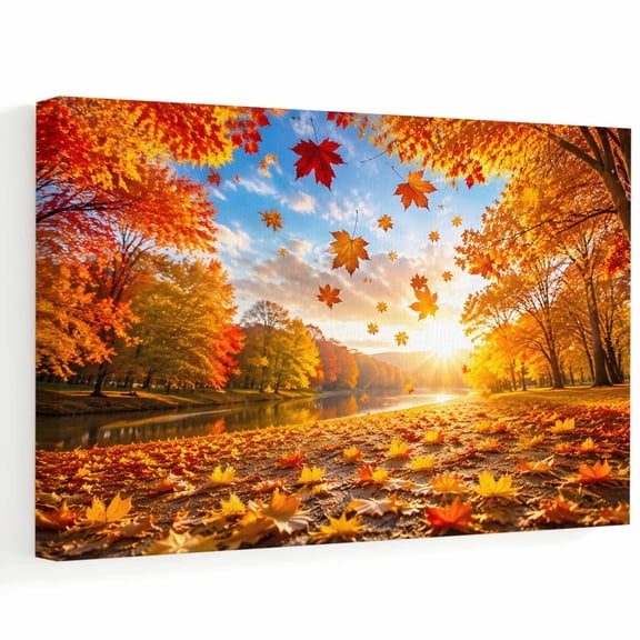 Fall Maple Tree Canvas Wall Art, Country Red Maple Leaf Lake Sunshine Landscape Wall Art Prints Artwork Framed Canvas Ready to Hang Art Pictures for Bathroom, Dressing Table, Entryway 12" x 8"