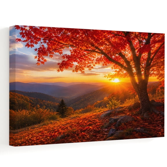 Fall Maple Tree Canvas Wall Art, Country Red Maple Leaf Mountain Sunset Landscape Wall Art Prints Artwork Framed Canvas Ready to Hang Art Pictures for Dining Room Bedroom Study Lounge Nook 18" x 12"