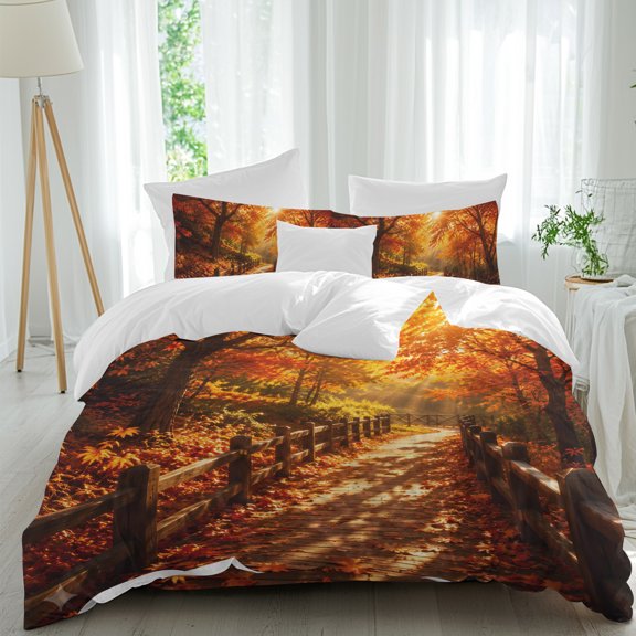 Fall Maple Tree Comforter Set Full Size, Country Red Maple Leaf Sunset Sunshine Landscape Soft Bedding Set for Man Woman, 4 Pieces Duvet Cover Set with Fitted Sheet, 2 Pillowcases