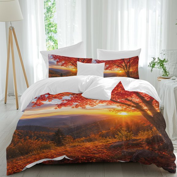 Fall Maple Tree Comforter Set Twin Size, Country Red Maple Leaf Mountain Sunset Landscape Soft Bedding Set for Man Woman, 4 Pieces Duvet Cover Set with Fitted Sheet, 2 Pillowcases