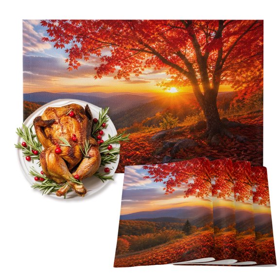 Fall Maple Tree Cotton Linen Placemats Set of 1, Country Red Maple Leaf Mountain Sunset Landscape Washable Table Place Mats Heat Insulating Placemat for Dining Room Kitchen Daily Use 13 x 19 Inch