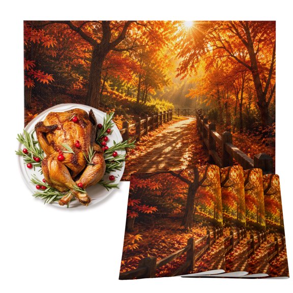 Fall Maple Tree Cotton Linen Placemats Set of 1, Country Red Maple Leaf Sunset Sunshine Landscape Washable Table Place Mats Heat Insulating Placemat for Dining Room Kitchen Daily Use 13 x 19 Inch