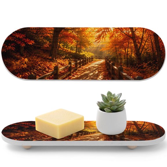 Fall Maple Tree Diatomaceous Earth Coasters, Country Red Maple Leaf Sunset Sunshine Landscape Water Absorbent Diatomite Coaster, Bathroom Tray Stone Dish Drying Mat Kitchen Sink Tray 12x4in