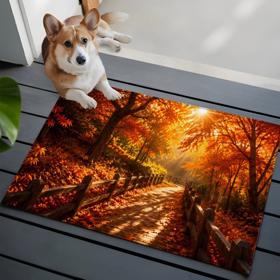 Fall Maple Tree Front Door Rugs 2x3ft Country Red Maple Leaf Sunset Sunshine Landscape Washable Rug, Non Slip Indoor Carpet Absorbent Floor Mat for Living Room Bedroom Dining Room