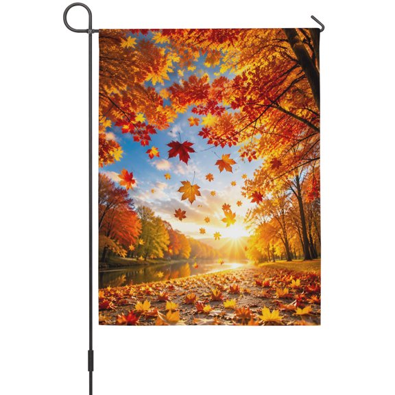 Fall Maple Tree Garden Flag 12 x 18 Inches, Country Red Maple Leaf Lake Sunshine Landscape Weather Proof Outdoor Patio Flags Double Sided Small Garden Decoration for Yard Outside Home