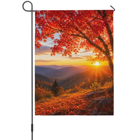 Fall Maple Tree Garden Flag 12 x 18 Inches, Country Red Maple Leaf Mountain Sunset Landscape Weather Proof Outdoor Patio Flags Double Sided Small Garden Decoration for Yard Outside Home
