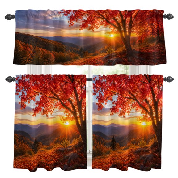 Fall Maple Tree Kitchen Curtains Valance and Tier Set Country Red Maple Leaf Mountain Sunset Landscape Rod Pocket Short Curtains for Small Window 3 Pieces Set for Bedroom Cafe (54" x 18"+27" x 24")
