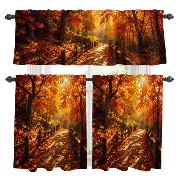 Fall Maple Tree Kitchen Curtains Valance and Tier Set Country Red Maple Leaf Sunset Sunshine Landscape Rod Pocket Short Curtains for Small Window 3 Pieces Set for Bedroom Cafe (54" x 18"+27" x 24")