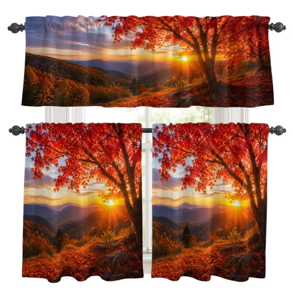 Fall Maple Tree Kitchen Curtains and Valances Set, Country Red Maple Leaf Mountain Sunset Landscape 3 Piece Curtains Valances and Tiers Set Rod Pocket for Kitchen Bathroom Windows 24 Inch