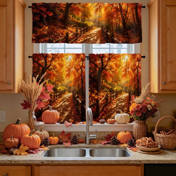 Fall Maple Tree Kitchen Curtains and Valances Set, Country Red Maple Leaf Sunset Sunshine Landscape Rod Pocket Window Valance Window Curtain Panels for Living Room Bedroom, 27.5x24in, 3 Pieces