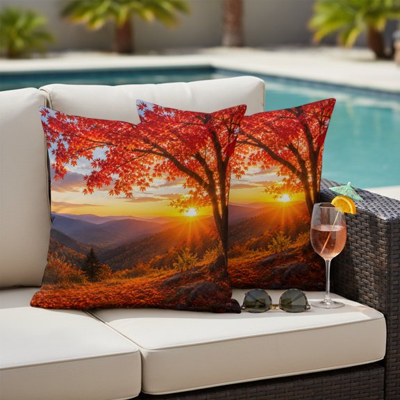 Fall Maple Tree Outdoor Waterproof Throw Pillow Covers Set of 2, 16"x16", Country Red Maple Leaf Mountain Sunset Landscape Decorative Pillow Covers Outside Cushion Case for Patio Porch Garden