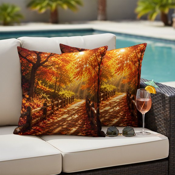 Fall Maple Tree Outdoor Waterproof Throw Pillow Covers Set of 2, 18"x18", Country Red Maple Leaf Sunset Sunshine Landscape Decorative Pillow Covers Outside Cushion Case for Patio Porch Garden