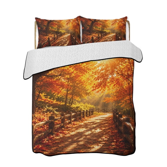 Fall Maple Tree Quilts Bedding Set California King Country Red Maple Leaf Sunset Sunshine Landscape Lightweight Quilted Bedspread 3 Piece Bed Quilt with 2 Pillow Shams for Bedroom 96" x 106"