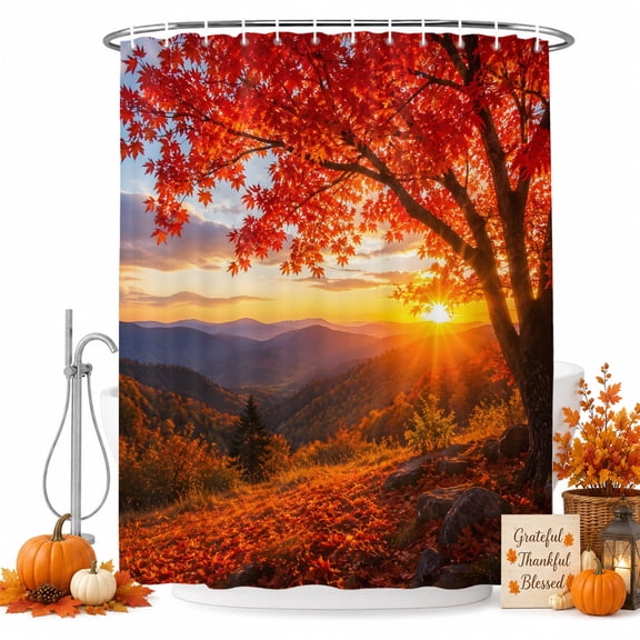 Fall Maple Tree Shower Curtain, Country Red Maple Leaf Mountain Sunset Landscape Waterproof Shower Curtain Set with 12 Hooks Lightweight Bath Curtains Fabric Bathroom Decor 36x72 Inches