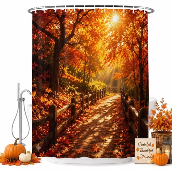 Fall Maple Tree Shower Curtain Set with Hooks, Country Red Maple Leaf Sunset Sunshine Landscape Sturdy Water Repellent Shower Curtains for Bathroom Bathtub, Machine Washable 36x72 Inch