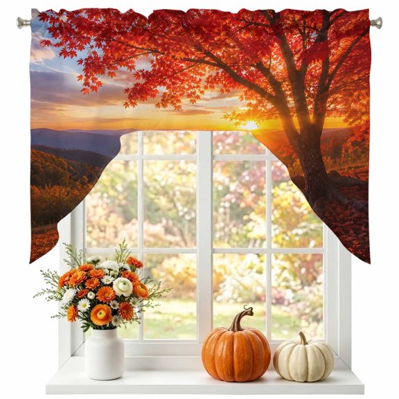 Fall Maple Tree Swag Valances for Windows 56 x 36 Inch, Country Red Maple Leaf Mountain Sunset Landscape Rod Pocket Light Filtering Window Topper for Kitchen Bathroom Bedroom Living Room