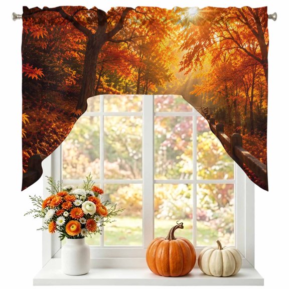 Fall Maple Tree Swag Valances for Windows 56 x 36 Inch, Country Red Maple Leaf Sunset Sunshine Landscape Rod Pocket Light Filtering Window Topper for Kitchen Bathroom Bedroom Living Room