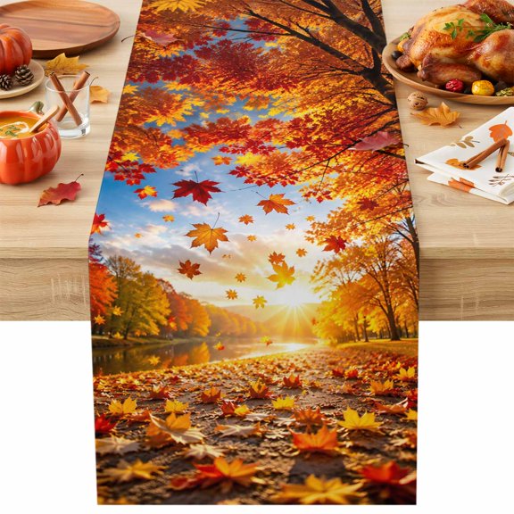 Fall Maple Tree Table Runner, Country Red Maple Leaf Lake Sunshine Landscape Cotton Linen Kitchen Table Decoration Washable Dining Tabletop Runners for Home Party Decor 13x36 Inches